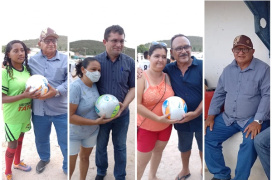 Prefeito Netinho (PSD) faz entrega de bolas a times femininos em jogo do campeonato municipal 